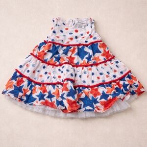 Polkatots Patriotic USA Flag Colors Stars Ruffled Sleeveless Summer Dress 3-6M